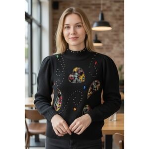 Vintage 80s Silk Velvet Floral Heart Puff Sleeve Mock Neck Knit Sweater Womens S